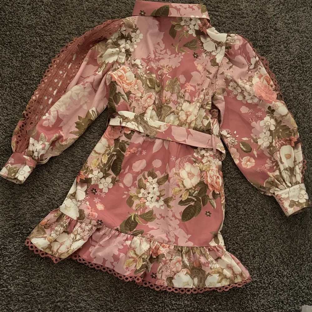 Floral Pink and Brown Dress with Belt - Picture 8 of 8